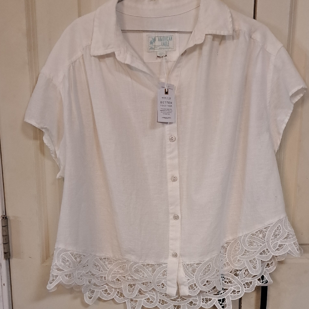 NWT American Eagle Outfitters White Button-Up Blouse with Lace Trim